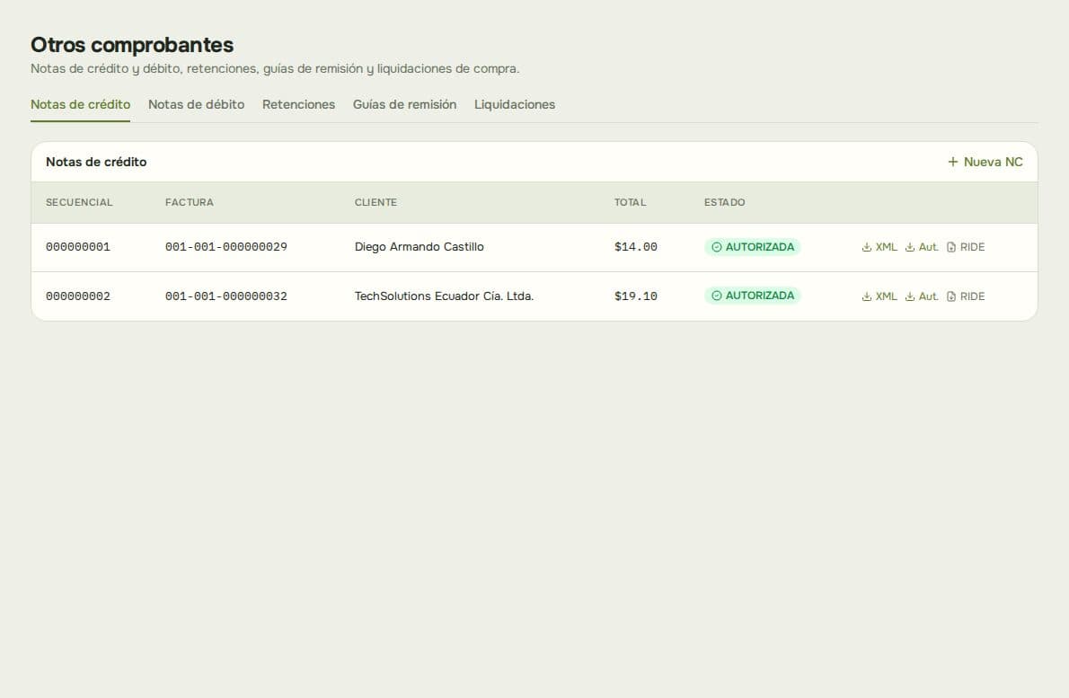 Pantalla de otros comprobantes de Michinauta ERP con notas de crédito autorizadas y pestañas de retenciones, guías de remisión y liquidaciones de compra