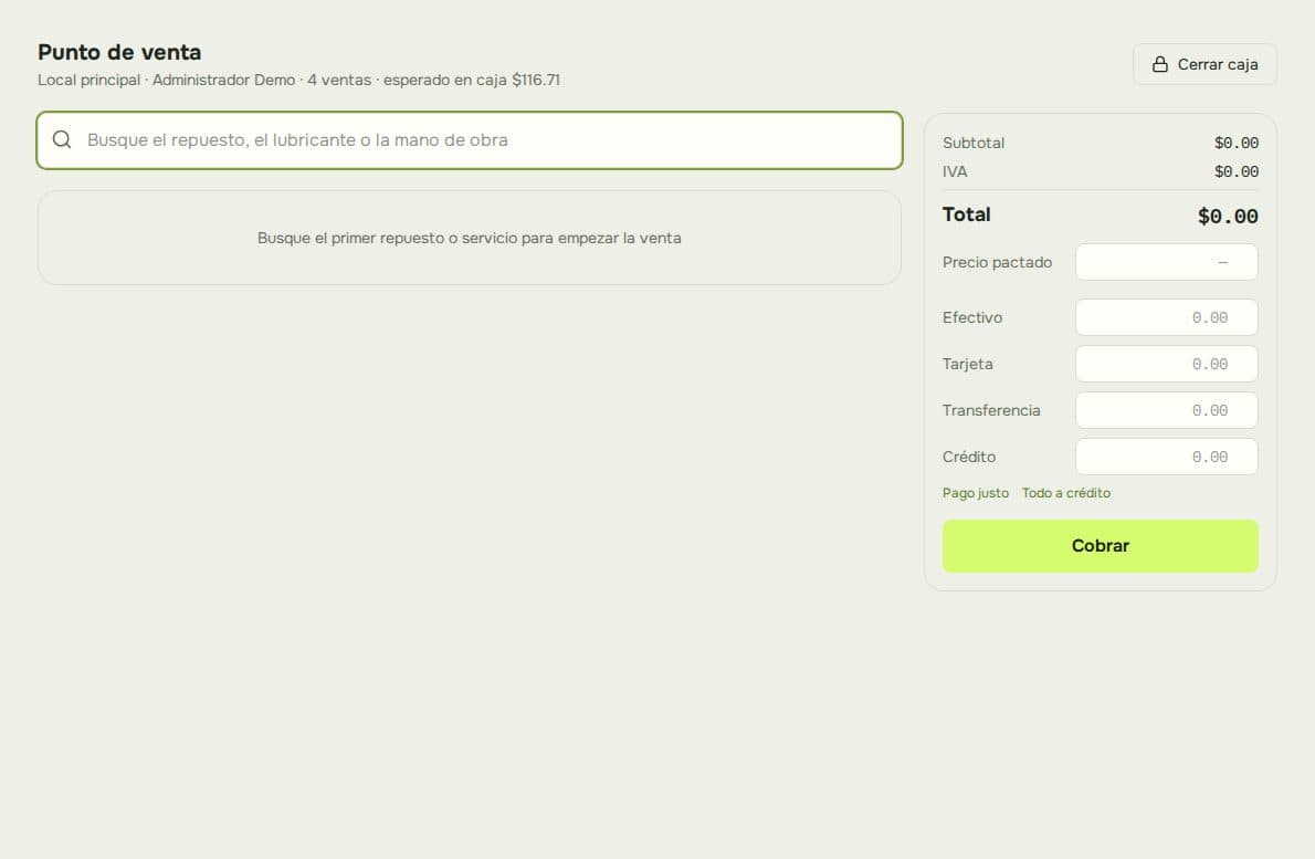 Pantalla de punto de venta de Michinauta ERP con un turno abierto, cuatro ventas y campos de cobro en efectivo, tarjeta, transferencia y crédito